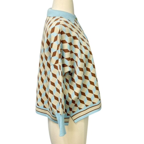 Tuckernuck Clayton Knit Polo Top Light Blue Tan Retro Boxy 3/4 Sleeve Size XS/S - Picture 3 of 8